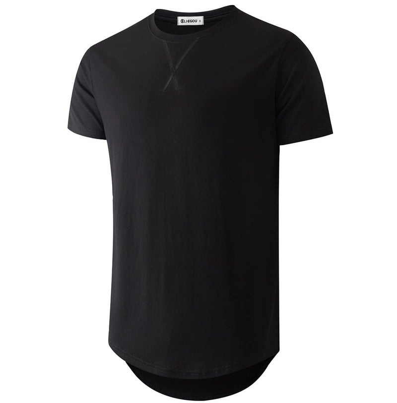 KLIEGOU Mens 100% Cotton Hipster Hip Hop Longline Crewneck T-Shirt Black L(66) - Image 1